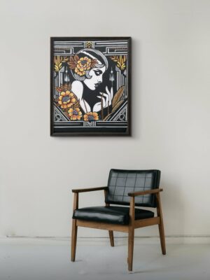 Peinture art deco “La Muse aux fleurs d’or”