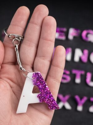 Porte cles initiales rose pailleté et blanc